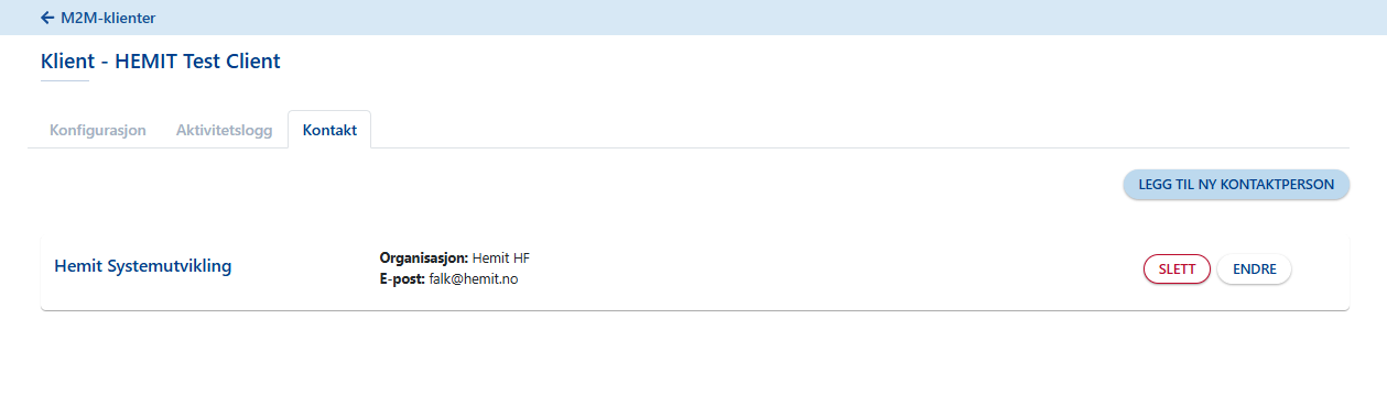 Liste som viser kontakt for en M2M-klient.